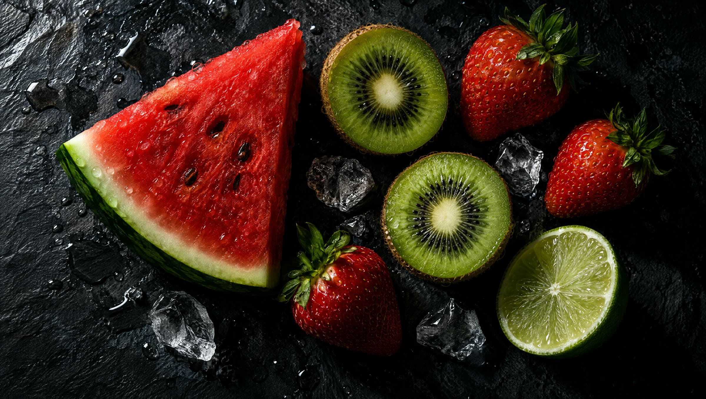 Watermelon, kiwi, strawberries and lime on wet slate.
