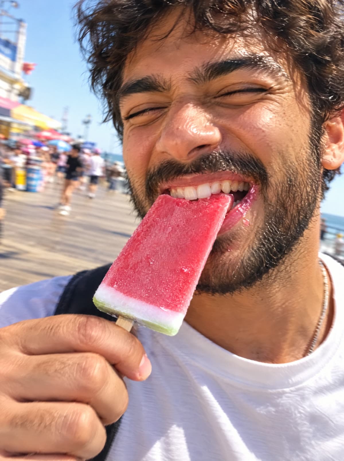 A man mid-bite into a watermelon pop on a boardwalk.