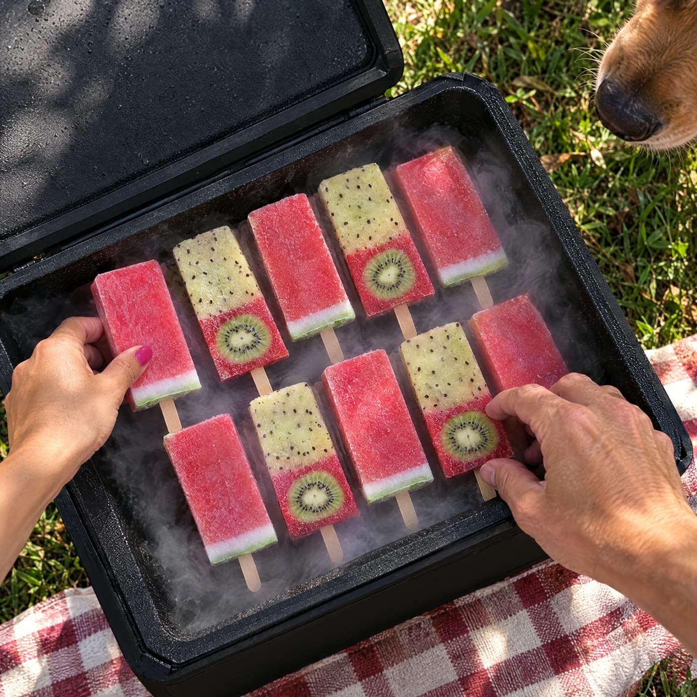 An open delivery box on a picnic blanket with cold fog rolling over rows of pops.