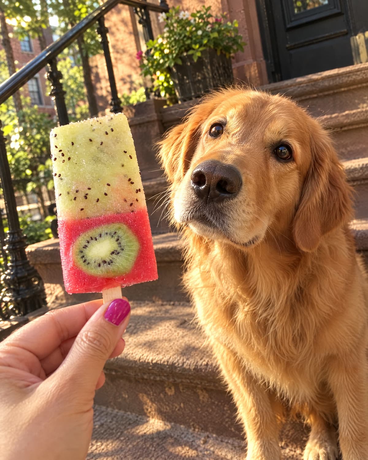 A golden retriever on a stoop staring at a kiwi strawberry pop.