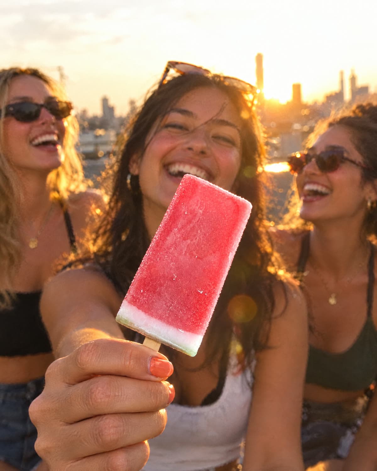 Three friends on a rooftop at golden hour, one holding a watermelon pop to the camera.