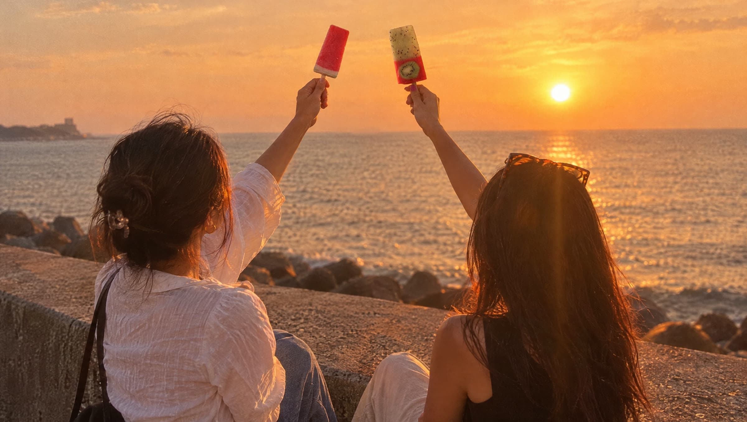 Two friends on a seawall at sunset raising popsicles to the sky.